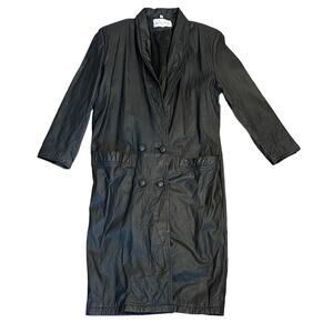 Vintage 90s PELLE CLUB Double Breast Genuine Leather Trench Coat Black Size M